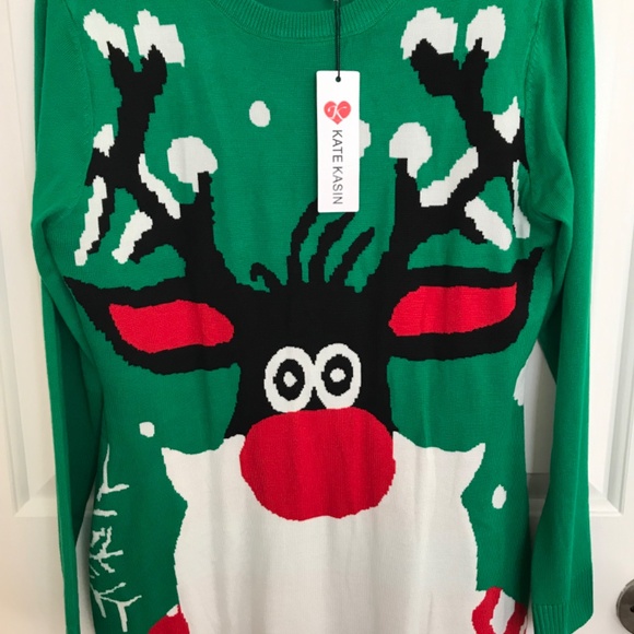 Christmas Kate Kasin Reindeer Bodycon Ugly Sweater Dress Size L Green Red - Picture 3 of 5